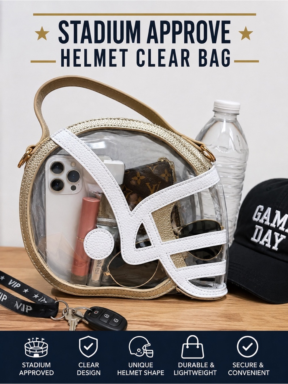 Women’s Clear Accent Handbag in Gold and White helmet style